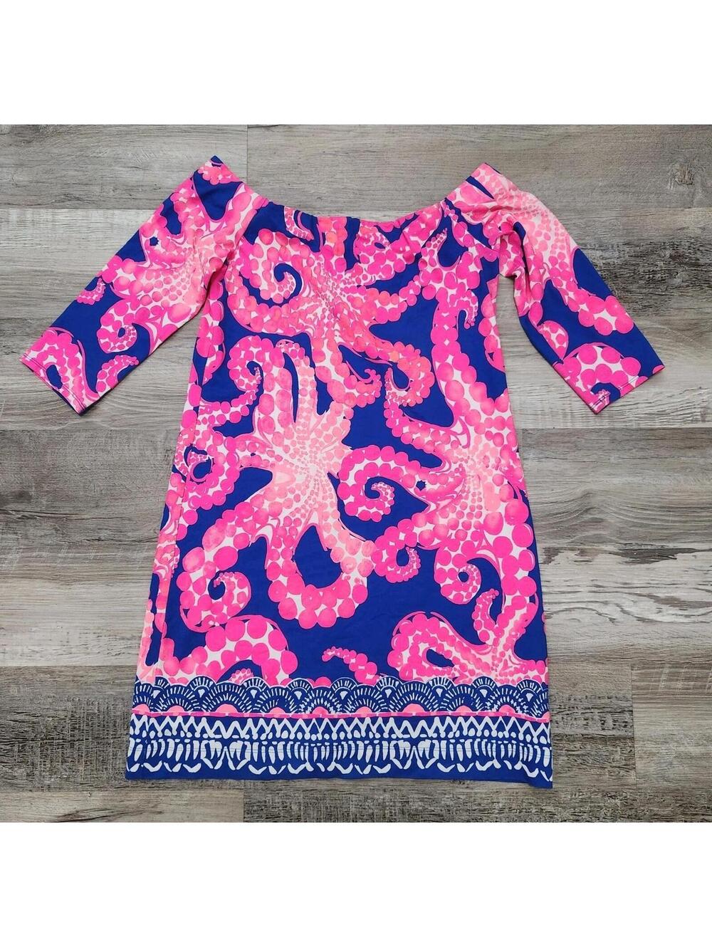 Lily Pulitzer Laurana Off The Shoulder Dress Medium Octopus Pink Blue